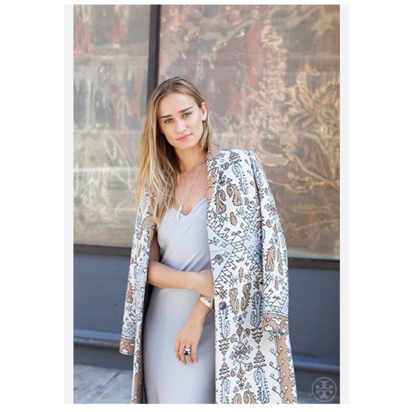 Tory Burch Printed Jacquard Long Coat Sz 0 - Picture 5 of 16